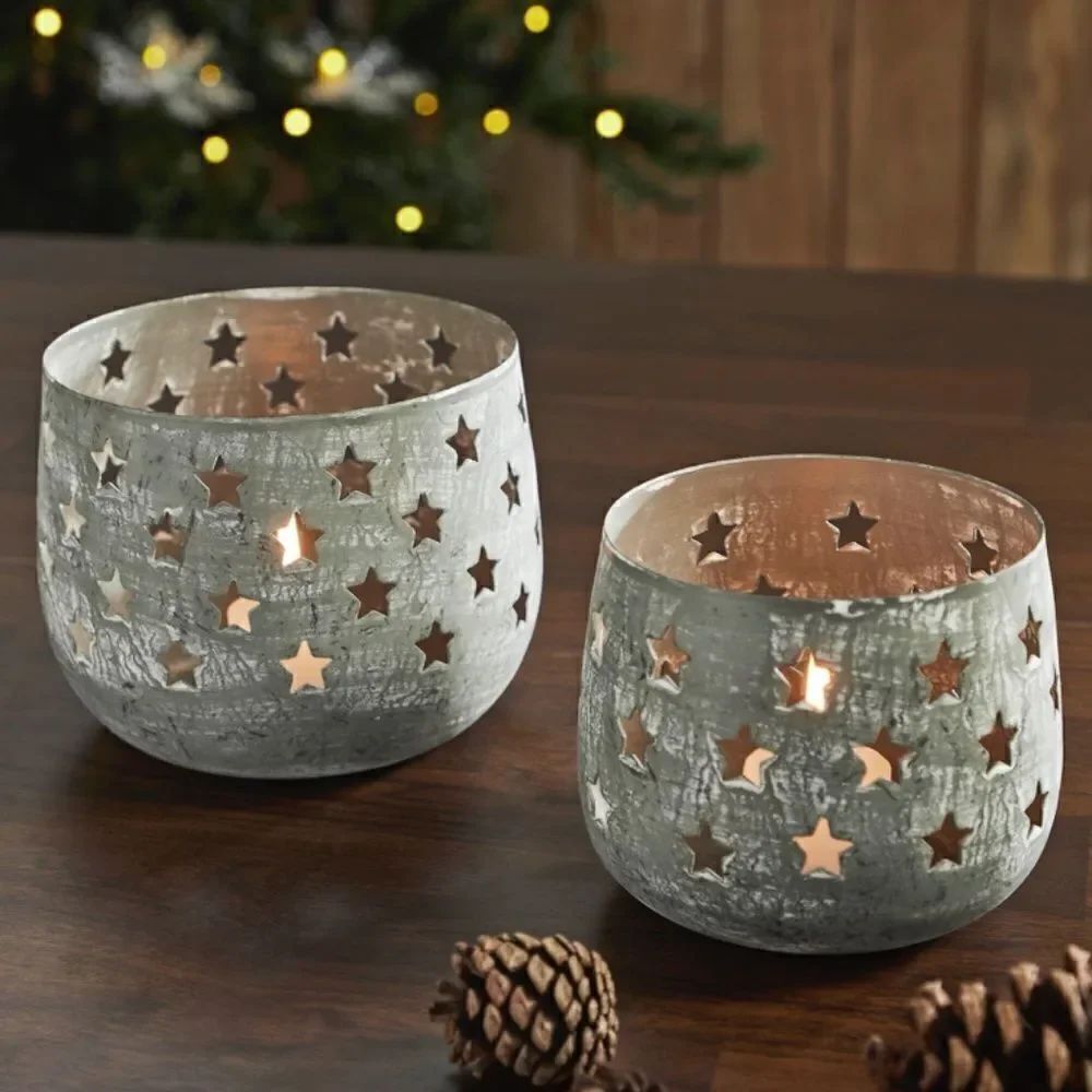 Rustic Farmhouse Votive Metal Candle Holder Set Stars Galvanized Look Christmas